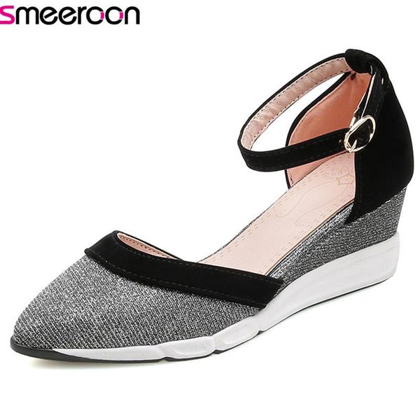 

smeeroon style pointed toe summer shoes mixed colors fashion simple buckle pumps women comfortable wedges dress, Black