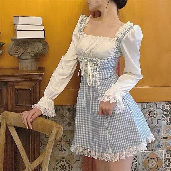

sweet girl french vintage gentle womens dresses fairy lace square collar puff sleeve bandage kawaii woman cute lolita plaid, Black;gray