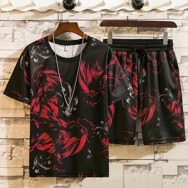 

sets fashion print o neck men tracksuits beach shorts tee male elastic waist jogger set short sleeve, Gray