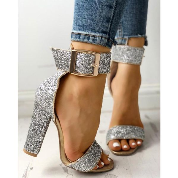 

sandals glitter thick heels women fashion 2021 summer silver bling ankle buckle pumps ladies open toe platform dress party shoes, Black