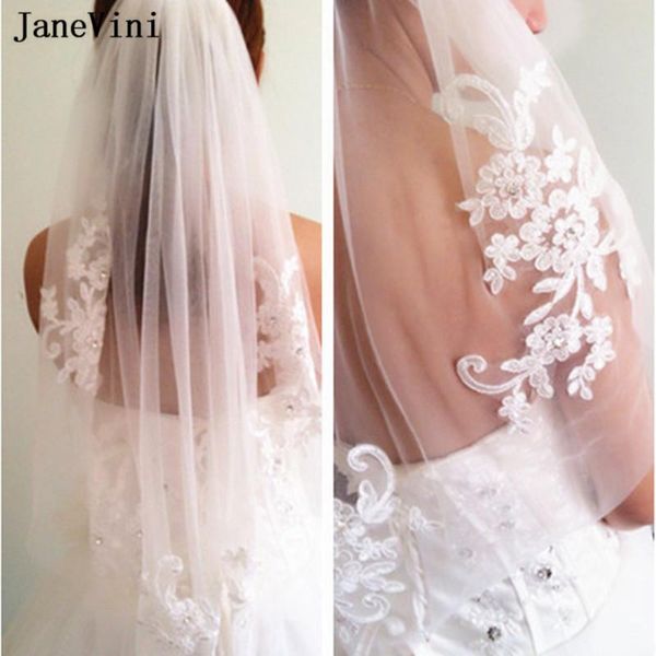 

bridal veils janevini european short with comb one layer appliques edge crystal white lace veil for wedding dress 2021, Black