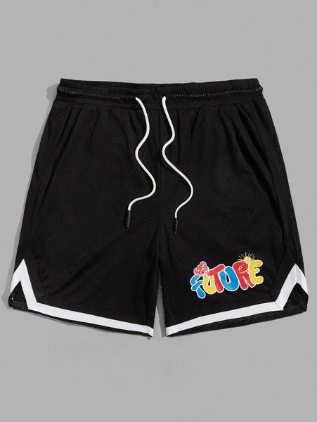 

men cartoon and letter graphic striped trim shorts h0qu#, Black