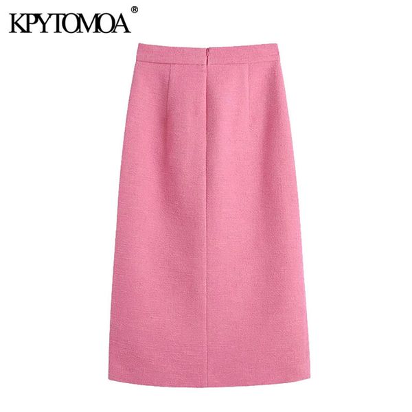 

kpytomoa women 2021 chic fashion with buttons front slit tweed midi skirt vintage high waist back zipper female skirts mujer, Black