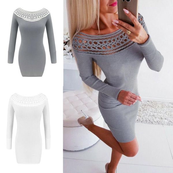

elegant women lace knitted off shoulder hollow out bodycon jumper dress ladies long sleeve sweater short mini slim casual dresses, Black;gray