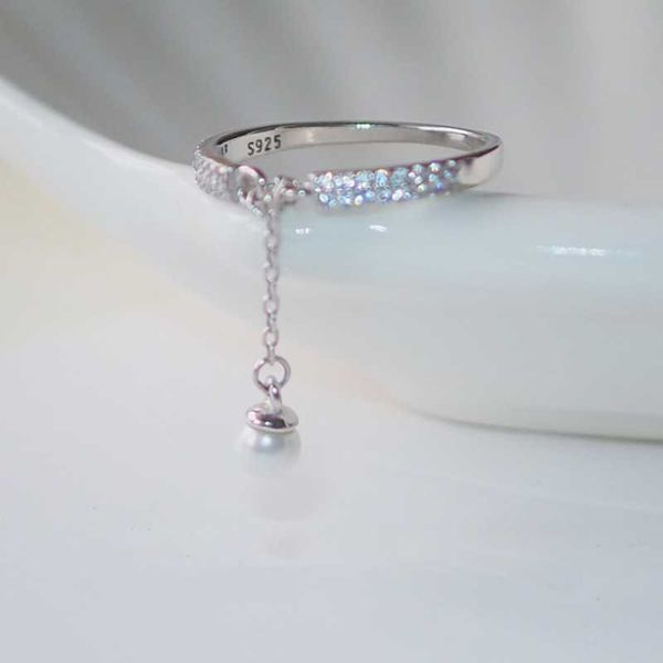 

cluster rings s925 stamp silver color micro zircon simulated pearl chain tassel adjustable for women anillos bague sar239, Golden;silver
