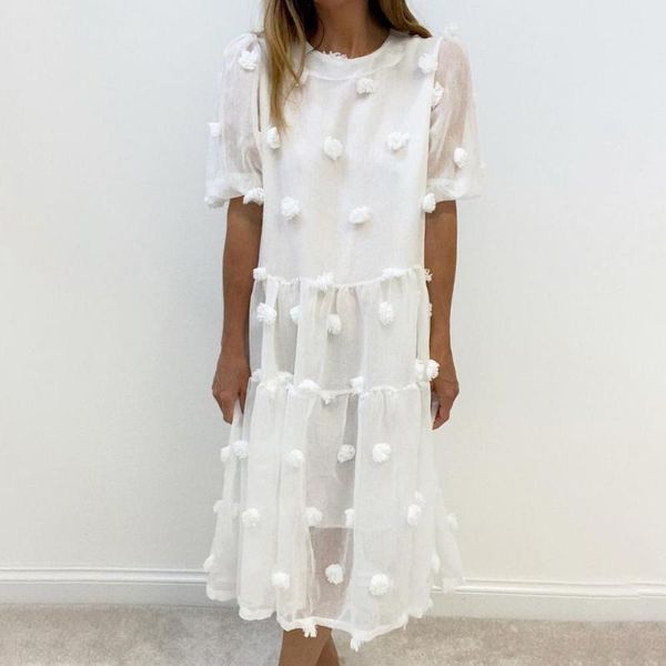 

casual dresses summer dress ladies puff sleeve loose net yarn small flower ball party women vestido de muje robe, Black;gray