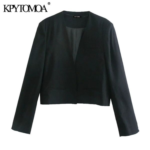 

women fashion with vents cropped blazer coat vintage v neck long sleeve female outerwear chic veste femme 210416, White;black