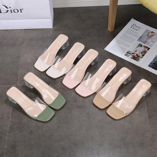 

slippers summer clear transparent women shoes woman mules crystal ladies thick high heels casual plus size, Black