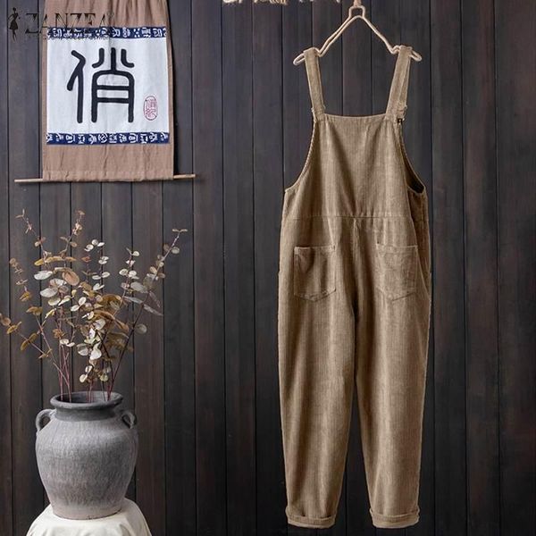 

women's jumpsuits & rompers 2021 vintage jumpsuit zanzea women corduroy wide leg pants playsuits casual loose solid overalls suspender, Black;white