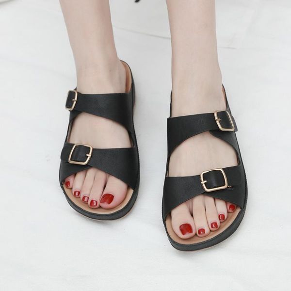 

women's open toe sandals bohemian belt buckle casual beach shoes flat slippers, Black