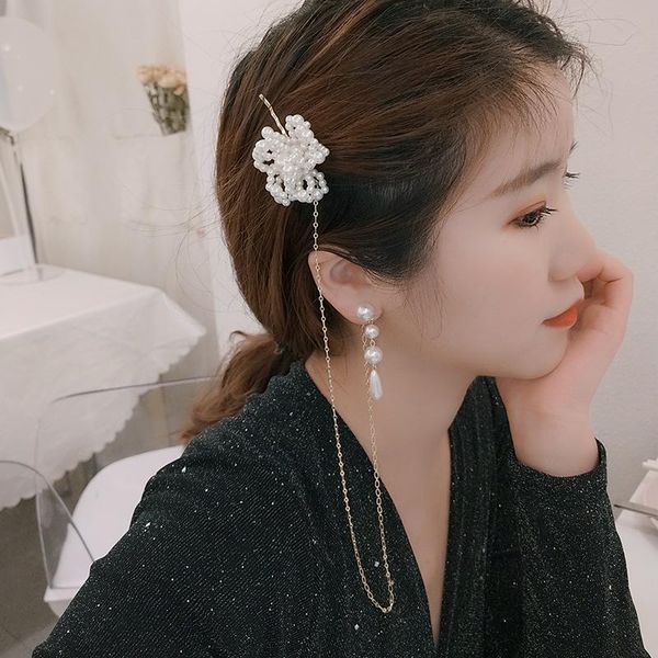 

dangle & chandelier korean dongdaemun designer model barrettes earrings one-piece women's long elegant pearl flower ear rings, Silver
