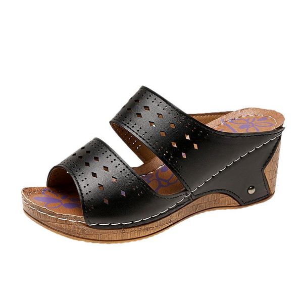 

summer comfortable slippers women hollow-carved flip flop lady wedge open toe roman shoes female simple sandals, Black