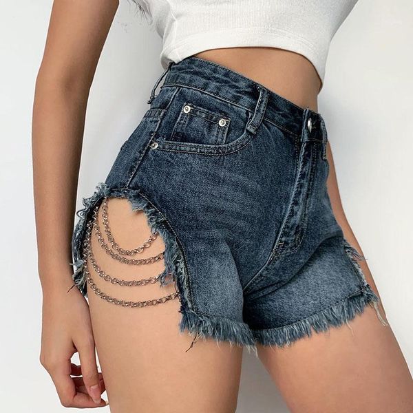 

high waist summer metal chains decorated short jeans women all-match denim shorts1, White;black