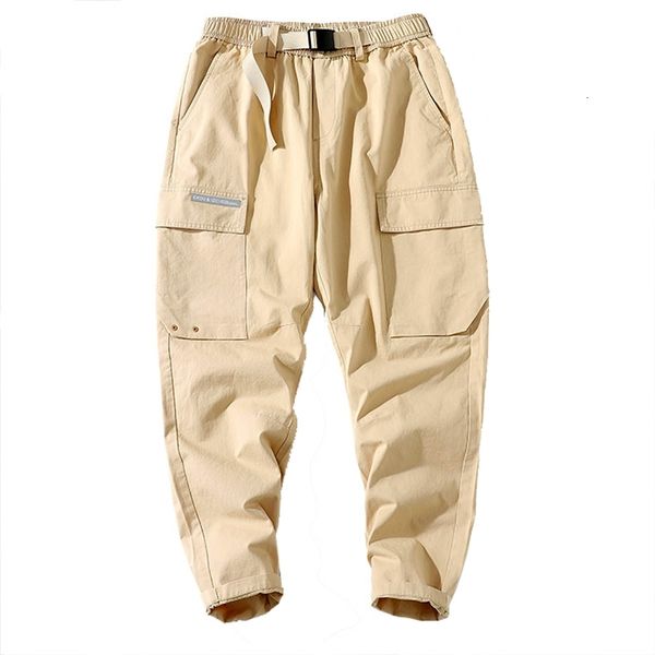 

men's pants 2021 cargo cotton harem side pockets ribbons hip hop casual male streetwear joggers trousers celf, Black