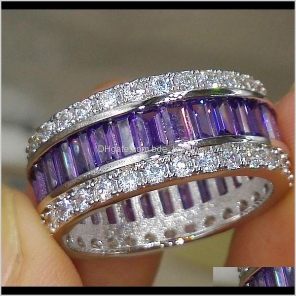 Ringe Schmuckwholenale Professionelle Luxusschmuck Prinzessin Cut 925 Sterling Sier Amethyst Edelsteine ​​CZ Diamant Hochzeit Liebhaber Band Ring Geschenk