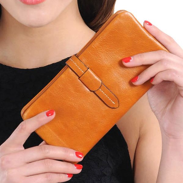 

women's oil wax leather long wallet multi card position trendy handbag 7118, Red;black