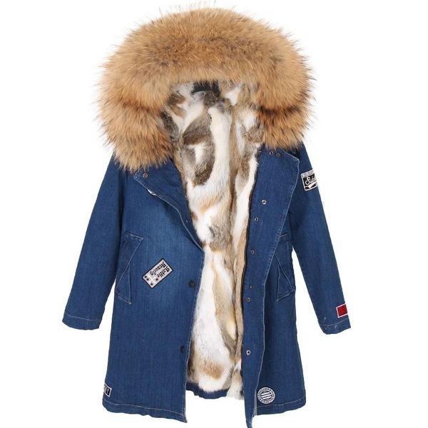 

women's fur & faux 2021 large real raccoon casual denim jacket winter coat long parkas luxury outerwear streetwear women clothing, Black