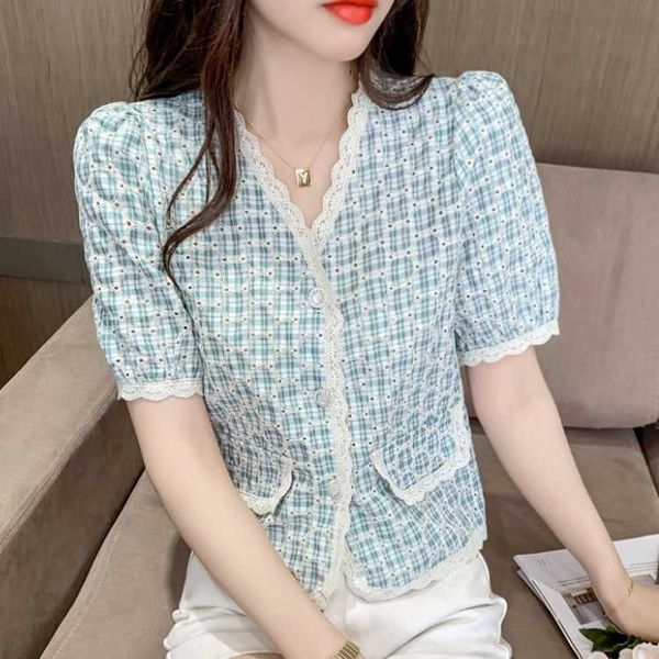 

lace patchwork women casual sweet embroidered shirt fashion v-neck puff sleeve elegant blouses 210526, White