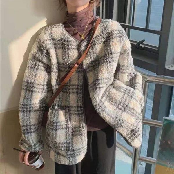 

women's wool & blends plaid lamb coat winter clothes 2021 korean loose and versatile cotton short small early autumn, Black