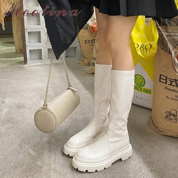 

boots meotina genuine leather thick med heel zipper platform ladies women fashion round toe knee high autumn winter, Black
