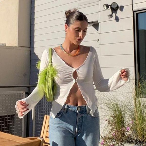 

women's t-shirt style women cut out ruched , fashion long sleeve v neck open front solid color t-shirts, White