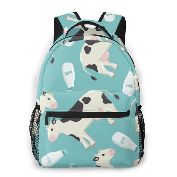 

backpack fashion women men students backpacks cheerful white-black spotted cow and milk bottle travel bag bookbag