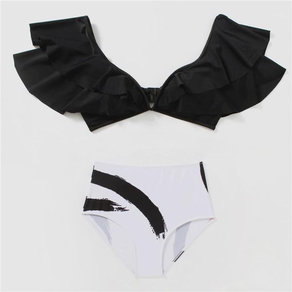 

bikini set women swimsuit female push up bathing suit high waist swimwear ruffle off shoulder swimming suits 2021 women's, White;black