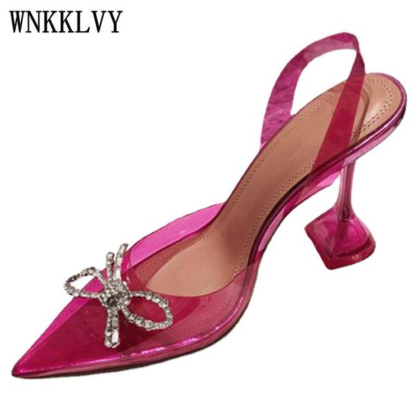 

sandals 2021 cup high heels crystal pumps woman rhinestone bow-knot pointed toe slingback transparent pvc party dress shoes, Black