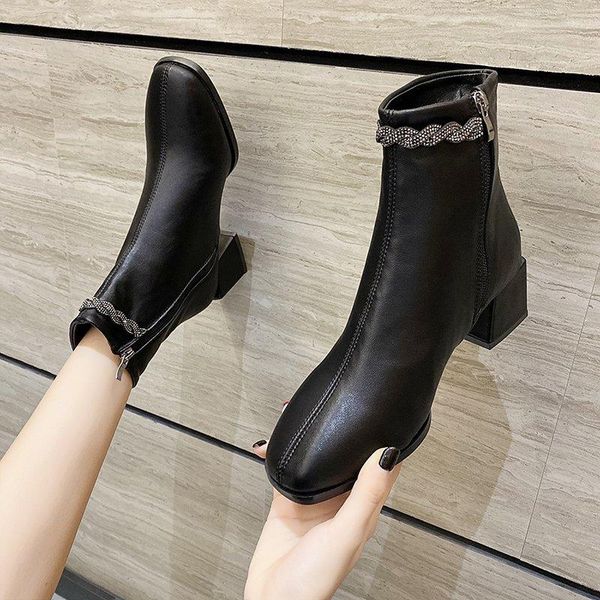 

shoes round toe lady boots luxury designer boots-women winter footwear mid calf rubber autumn fashion low 2021 solid flock basi, Black