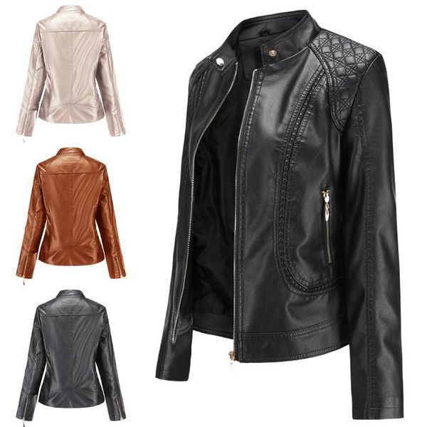 

women leather jacket spring autumn fashion stand collar motor biker coat pu outwear fall black red 2021 women's & faux