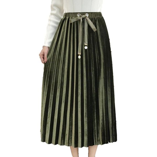 

skirts streetwear velvet long for women elegant autumn 2021 skirt plus size pleated loose womens winter clothing, Black