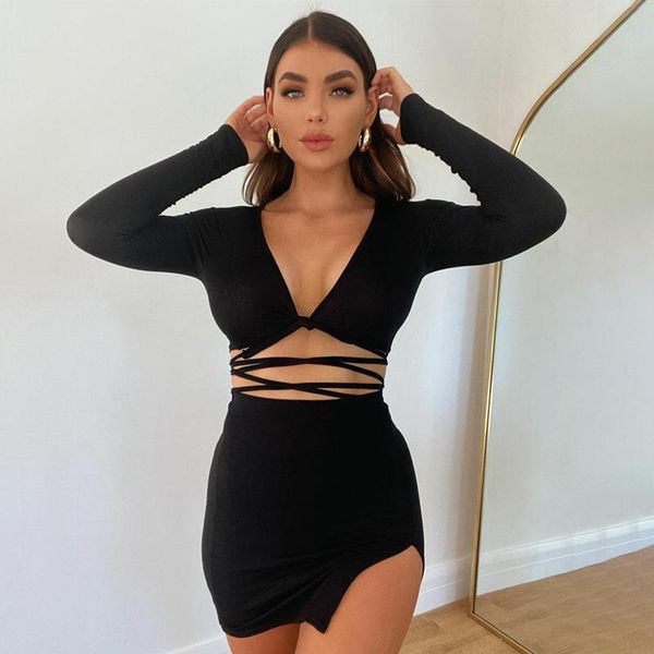 

women's tracksuits women suit two piece set party club v-neck lace up long sleeve mini skirts fashion trend summer 2021, Gray