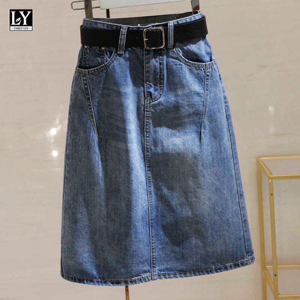

ly varey lin spring summer women denim skirts with belt casual loose high waist mid length blue split 210526, Black