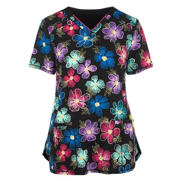 

women's t-shirt aesthetic t shirt women short sleeve v-neck working uniform fashion floral print woman tshirts mujer camisetas, White