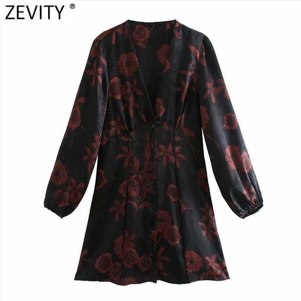 

zevity women vintage v neck flower print breasted kimono mini shirt dress femme lantern sleeve casual slim a line vestido ds4830 210603, Black;gray