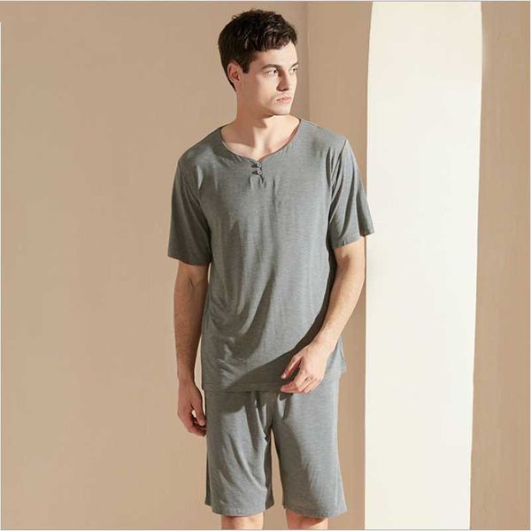 

men's sleepwear summer male plus size two-piece sets men casual loosen pajama modal suit short sleeve t shirt & half pants xxxl, Black;brown