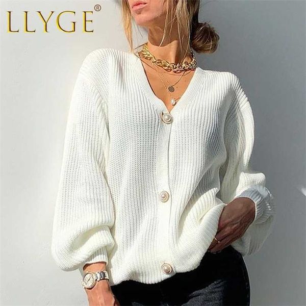 

loose solid women's knitting cardigan sweaters spring female cardigans lantern sleeve pearl button fashion autumn outwear 211018, White;black