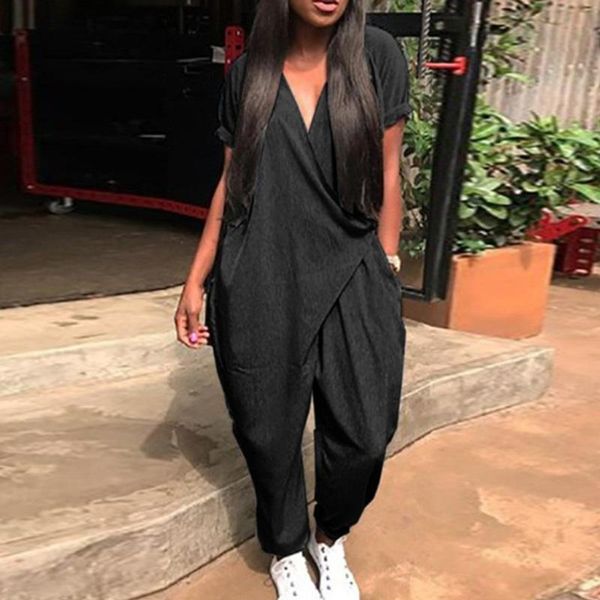 

women's jumpsuits & rompers women jumpsuit lady beach summer plus size casual fashion holiday short sleeve baggy party pants v-neck one, Black;white