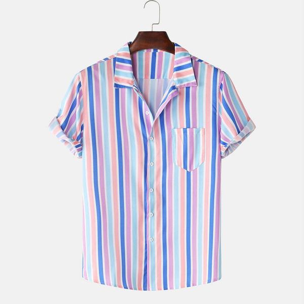 

men's casual shirts striped summer hawaiian print for men pockets short sleeve button up blouse chemise homme, White;black