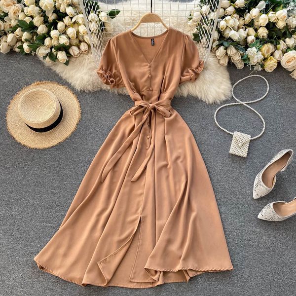 Singreiny Donne Elegante Abito francese Estate Summer Puff Sleeve V Collo Solido A-Line Abiti da ufficio Abiti moda Streetwear Split Midi Dress 210419