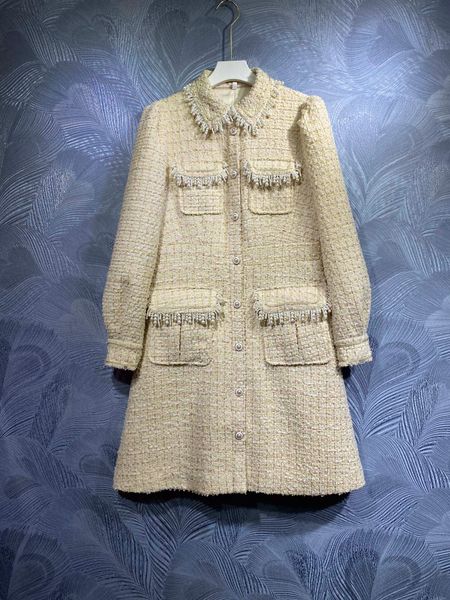 

new autumn 2021 lapel beaded long sleeve dress, Black;gray