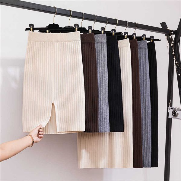 

women back slit bodycon elegant midi pencil skirt autumn winter casual knitted high waist s jupe femme 210601, Black