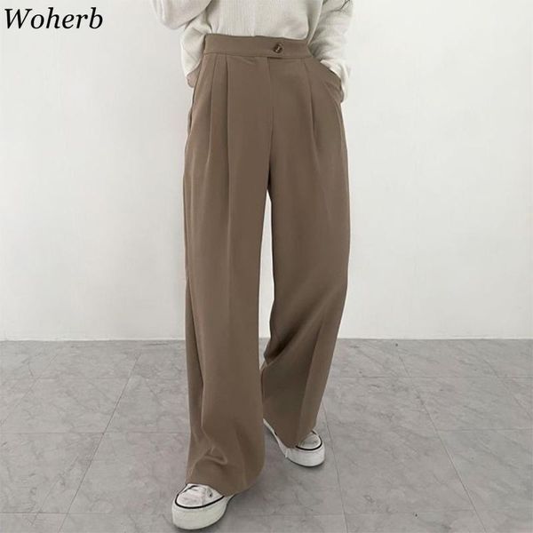 

woherb 2021 spring solid vintage retro wide leg pants loose korean chic all-match high waist women trousers fashion pantalones women's, Black;white