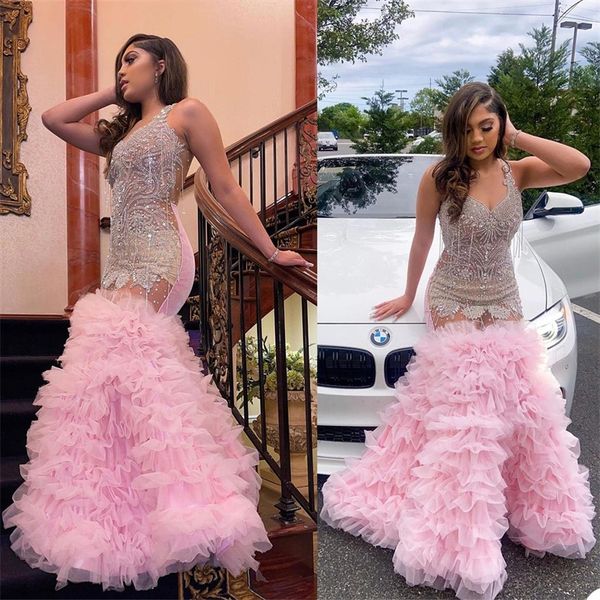 

pink mermaid evening dress illusion crystal beading luxury pageant celebrity arabic dubai party prom dresses gowns formal robe de soiree, Black;red
