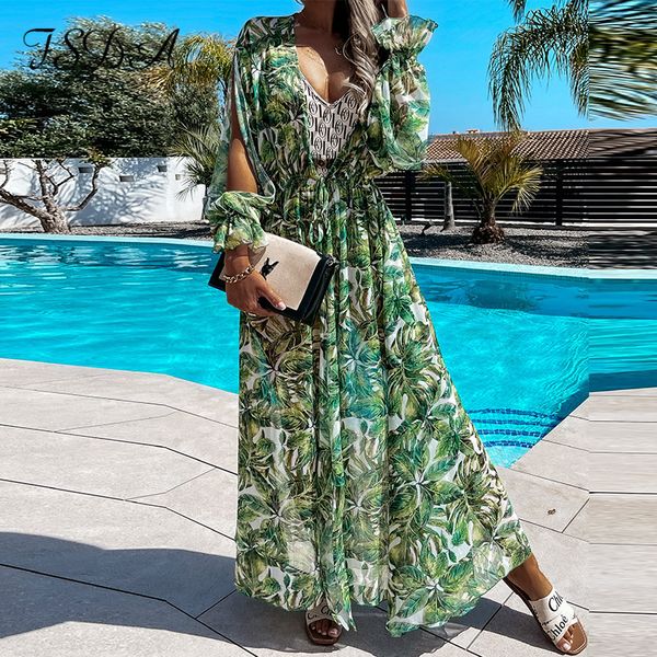

2021 green boho beach dress women bikini cover up print summer kaftan bathing suit women kimono swimwear dresseshigh quality, Black;gray