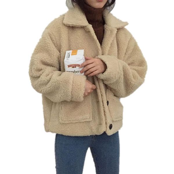 

women's trench coats autumn winter female streetwear outerwear chaqueta mujer women faux lambswool jacket coat warm vintage short, Tan;black