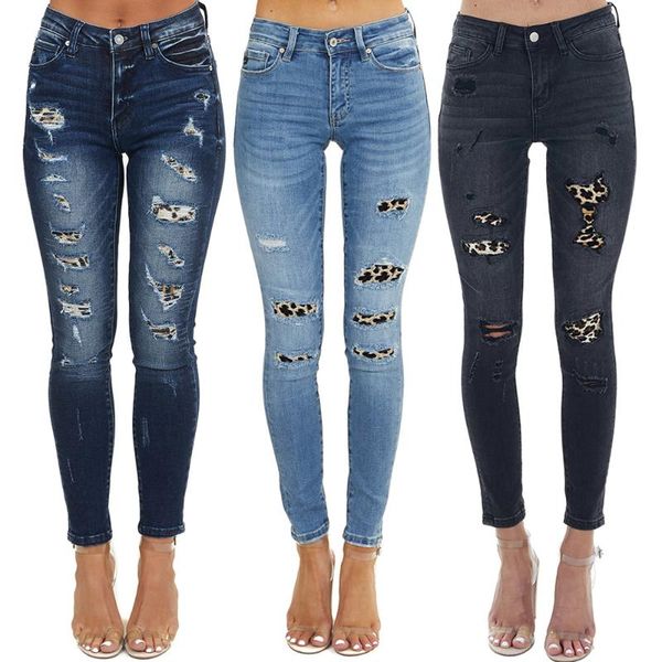 

women's jeans leopard pattern ripped patch stretch high waist slim-fit feet pants fashion temperament spring summer clothing, Blue