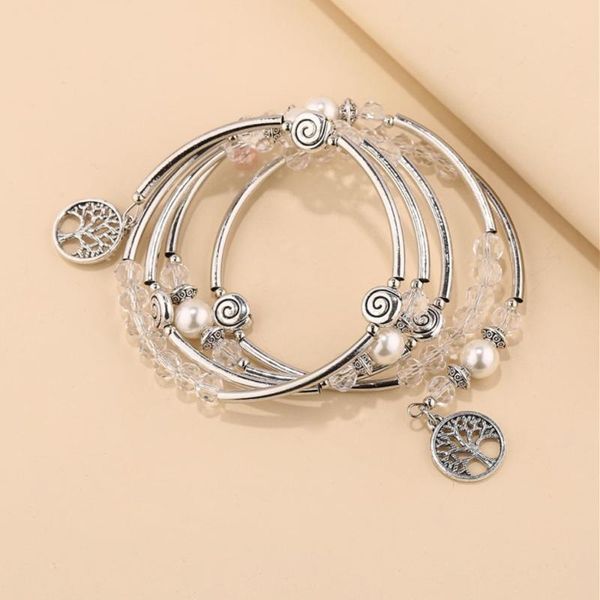

bangle style multi layer copper ring bracelet tree of life pearl pendant, Black