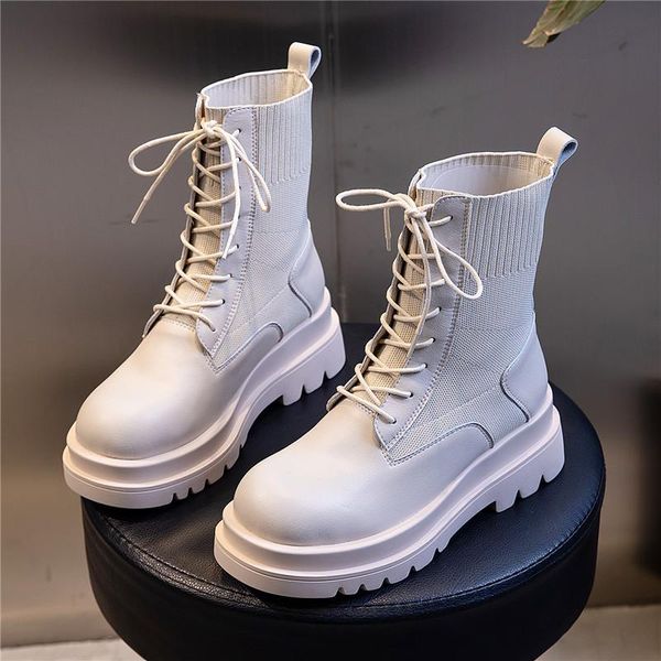 

boots split cow leather platform autumn women light comfortable chunky fashion lace up lady shoes footwear, Black