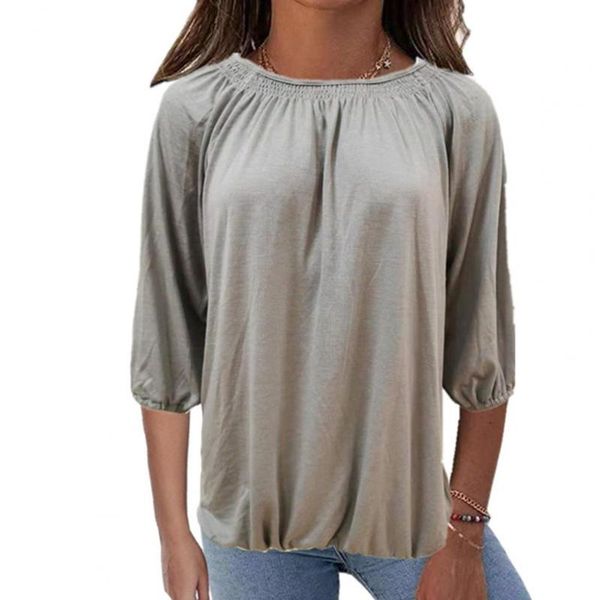 

women's blouses & shirts 3/4 sleeve solid color women blouse spring autumn casual o neck pleated loose shirt streetwear pullover, White